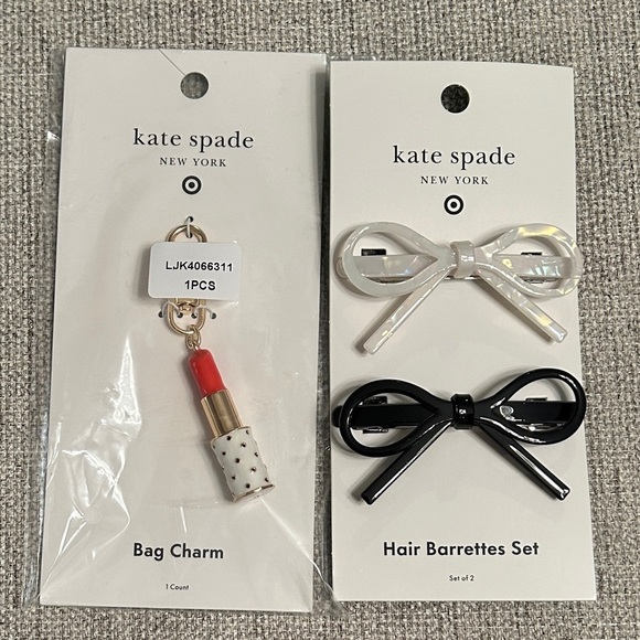 Set of Kate Spade x Target Bow Barrettes + Lipstick Bag Charm Keychain, NWT - Picture 1 of 8